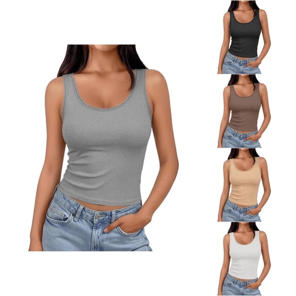 CUSTG Women Solid Color Camis Sleeveless Ribbed Lace Trim Tank Tops Comfortable Strapless Slim Fit Stretch Basic O-Neck Vacation Female Summer Shirts