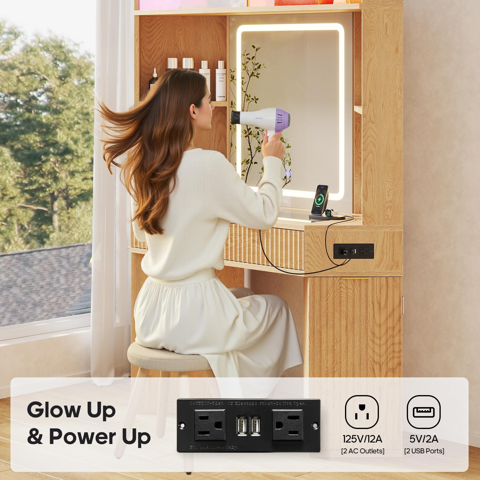 Fluted Vanity Desk With Led Lights Mirror, Luxury Corner Makeup Vanity Desk With Bag Showcase, Big Dressing Table With Glass Top, Cabinets, Shelves, Drawers, Charging Station,Oak