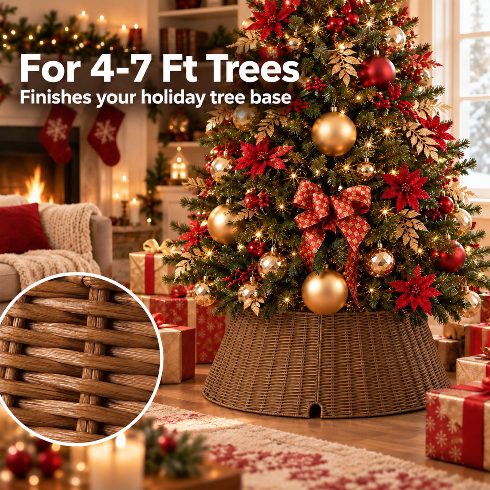 Alvantor Water Hyacinth Christmas Tree Collar, Woven Base Cover, Brown, 19.69 x 27.17 x 10.24 in