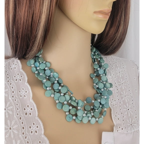 Multi-Strand Light Pastel Blue Turquoise Wood Disc Faux Pearl Beaded Necklace 18"