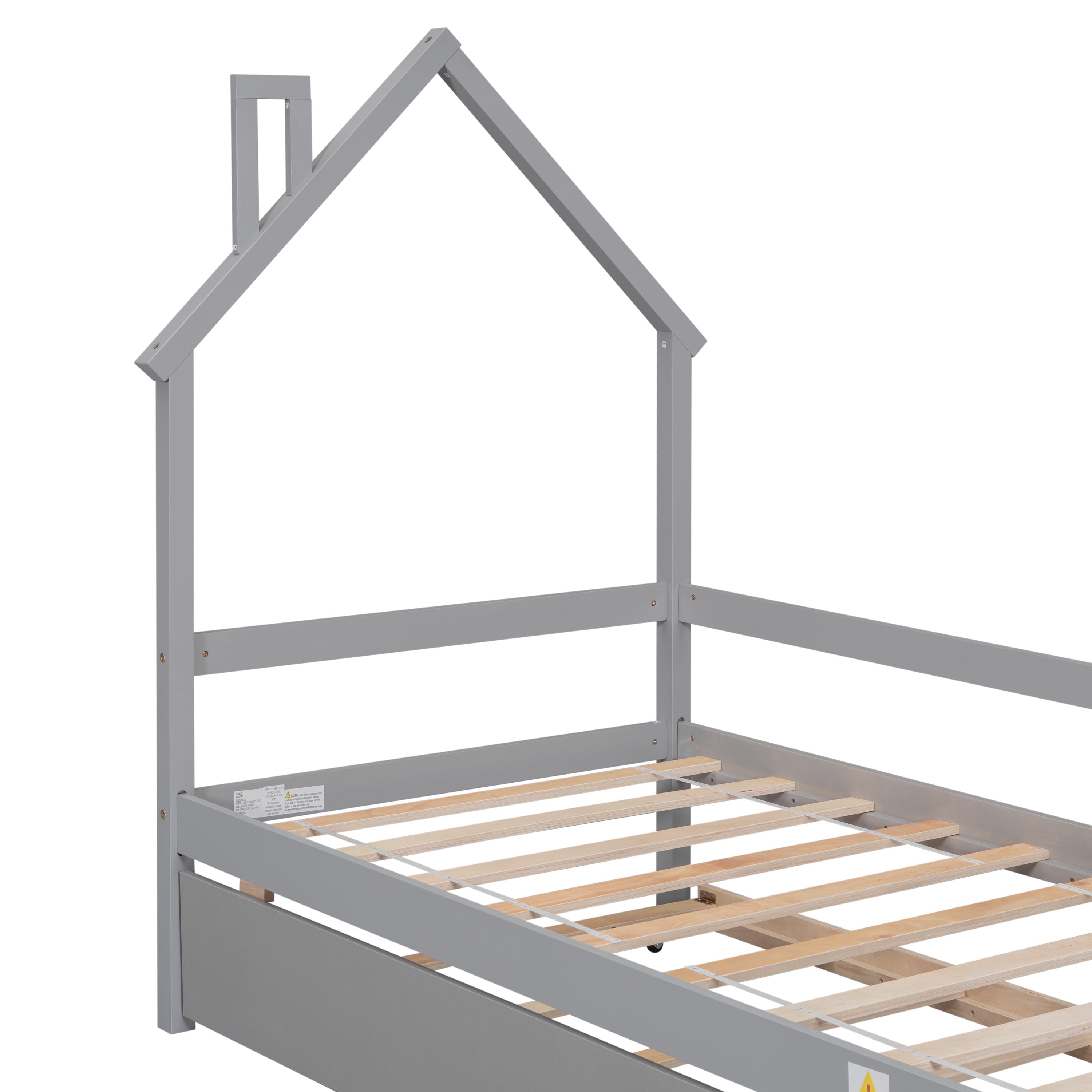 Euroco Wood House Platform Bed with Trundle for Kids Teens Room, Semi-Close House Bed with Roof, Gray