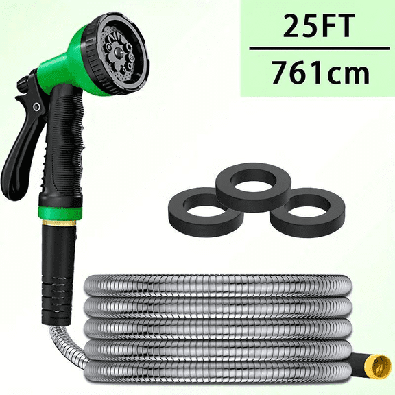 25FT Stainless Steel Extendable Garden Hose with Multi-functional Nozzle