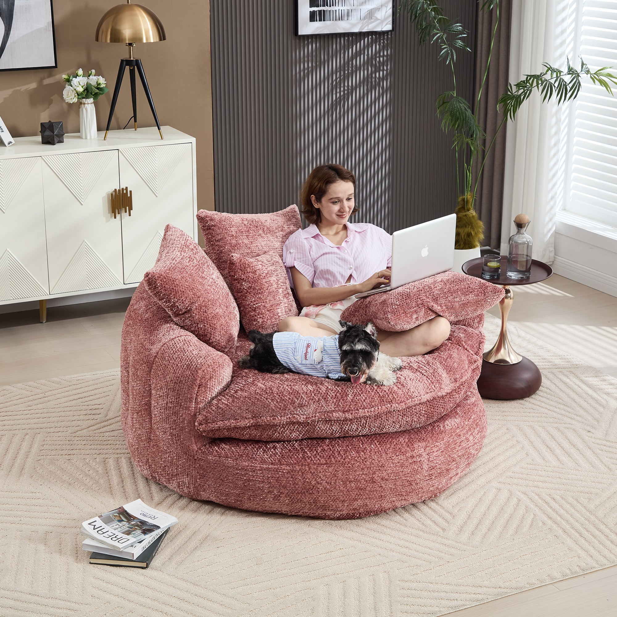 Aukfa 55" Oversized Round Chaise Lounge Chair, Fluffy Deep Seat Cloud Floor Sofa, Modern No Assembly Couch, Pink