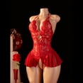 thumbnail image 3 of AESKEIA Women's Halter Neck Lace Bodysuit - Sheer and Backless Romper Lingerie Red XL, 3 of 8