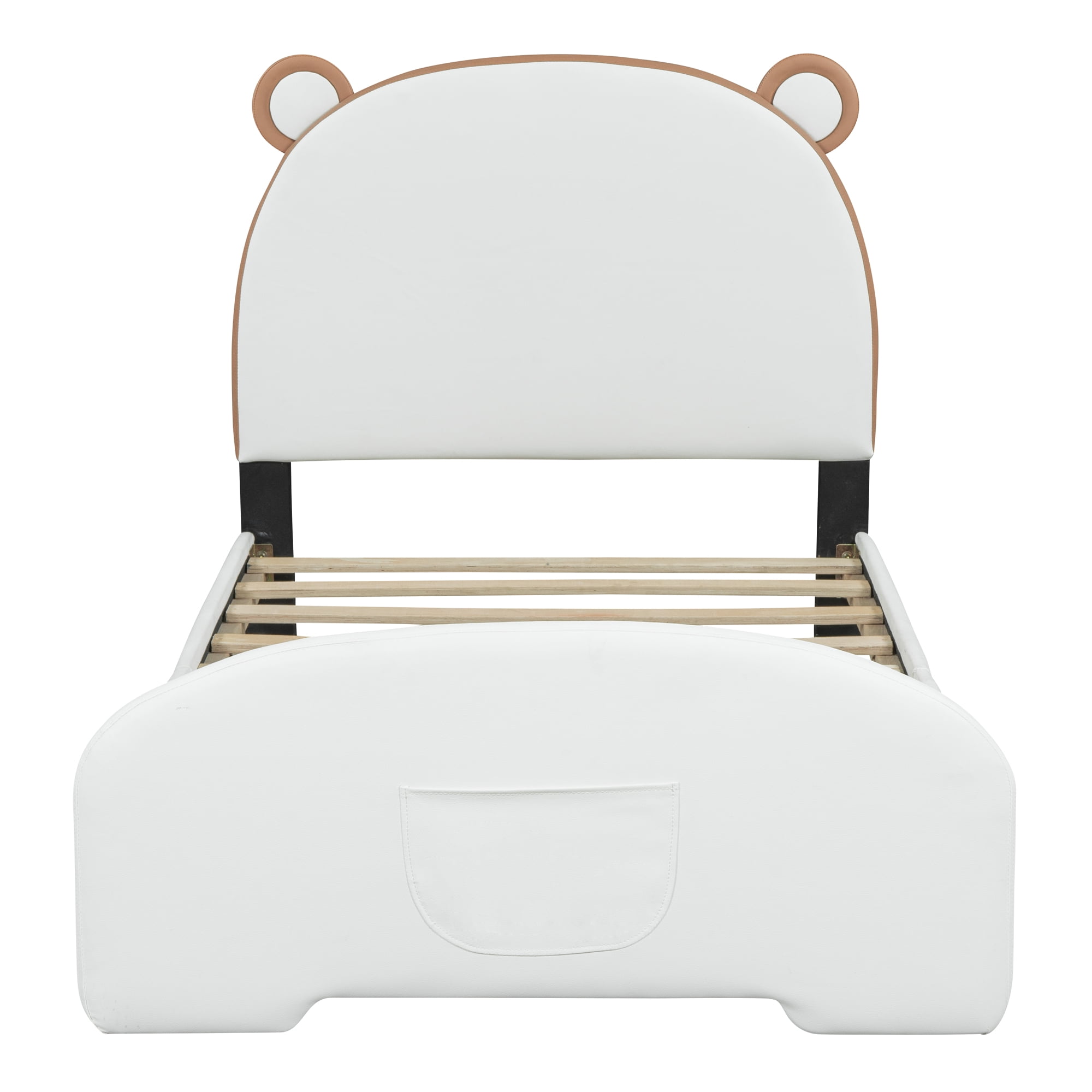 Aukfa Upholstered Platform Bed with Bear-shaped Headboard and Footboard, Twin Bed for Kids - White