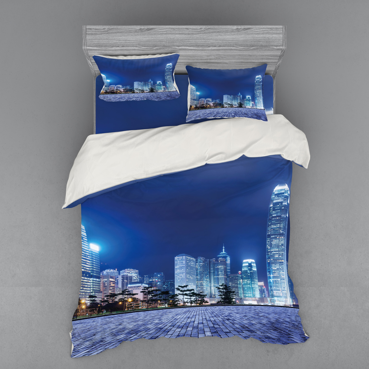 Urban Duvet Cover Set, Hong Kong Skyline Night Architectural Cityscape