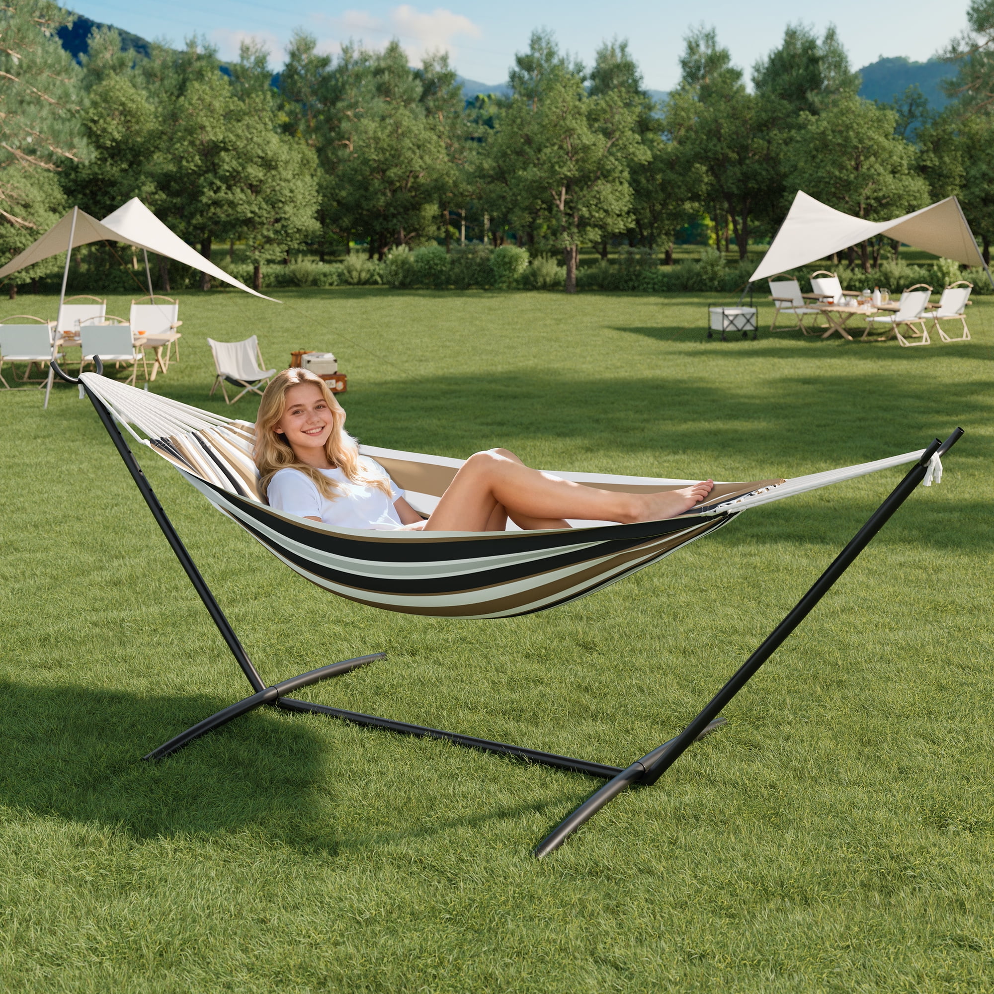 COZONY 2-Person Hammock with Steel Stand, 450lb Capacity, Portable Cotton Rope Bed, Carry Bag Included