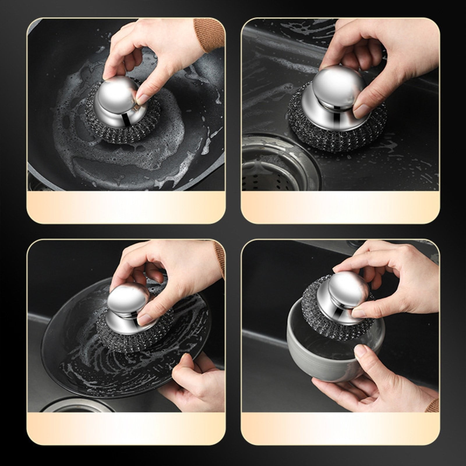 Steel Wool Scrubber with Handle, Heavy Duty Dish Scrubber, Steel Brush for Cleaning Pots, Pans, Grills, Sink (4 Pack)