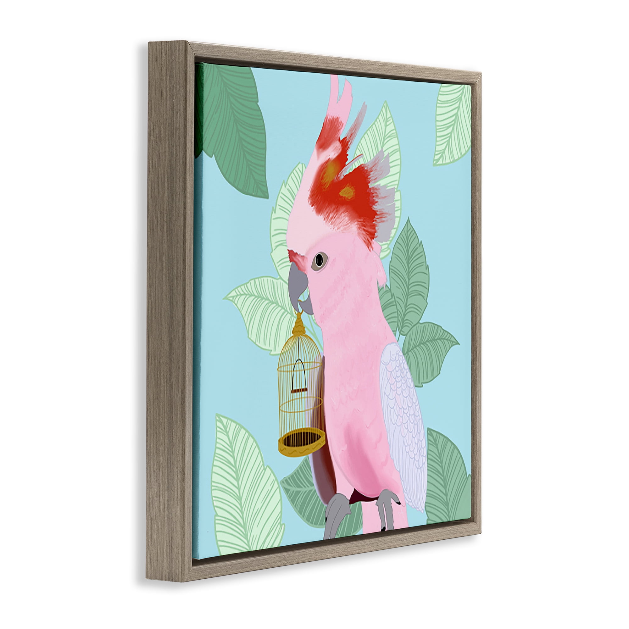 Stupell Industries Pink Cockatoo with Leaves Animals Painting Brown Floater Framed Canvas Art Print Wall Art, 25 x 25