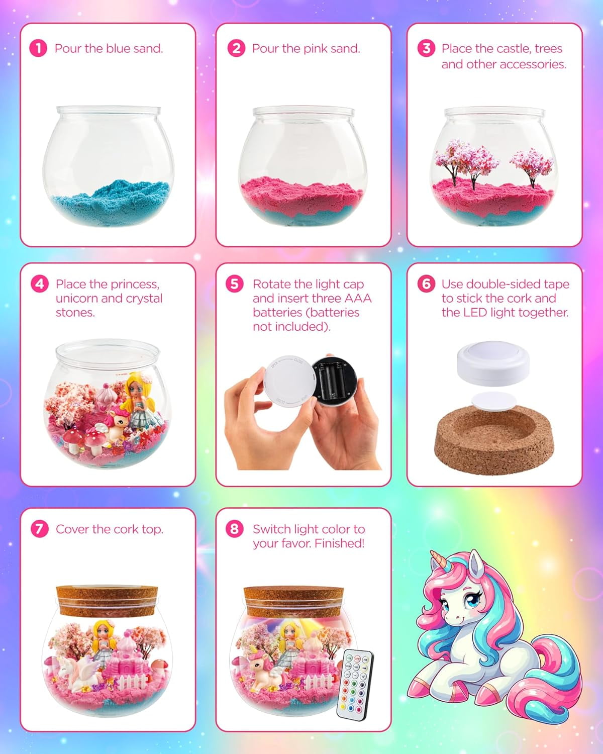 D-FantiX Unicorn Princess Toys Terrarium Kit, LED Dino Night Light, Diy Arts and Crafts Science Projects Kit, Birthday for Boys Age 3-12 Year Old