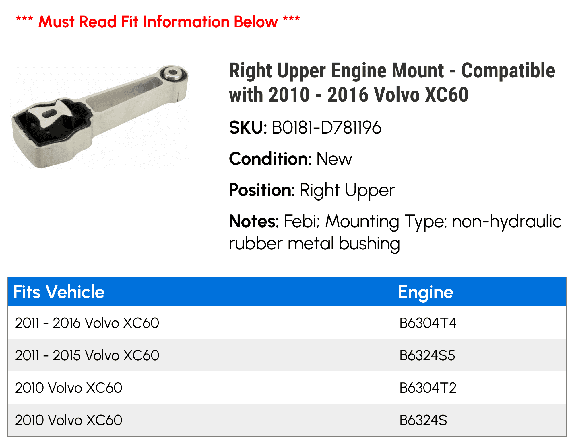 Right Upper Engine Mount - Compatible with 2010 - 2016 Volvo XC60 2011 2012 2013 2014 2015