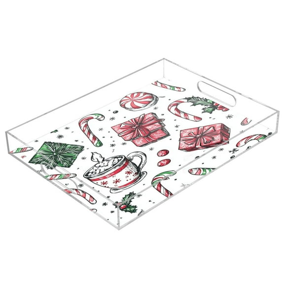 WOBOGO Acrylic Serving Trays 15.7x11.8 Inch Spill Proof Clear Decorative Organizer with Handle Christmas Pattern with Candy Canes