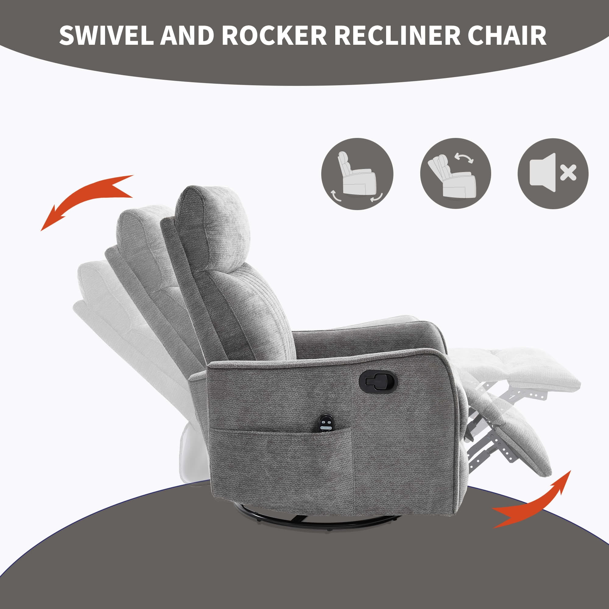 MAYEERTY Dark Grey Chenille Heat Massage Recliner Chair, 360° Swivel Rocker for Living Room