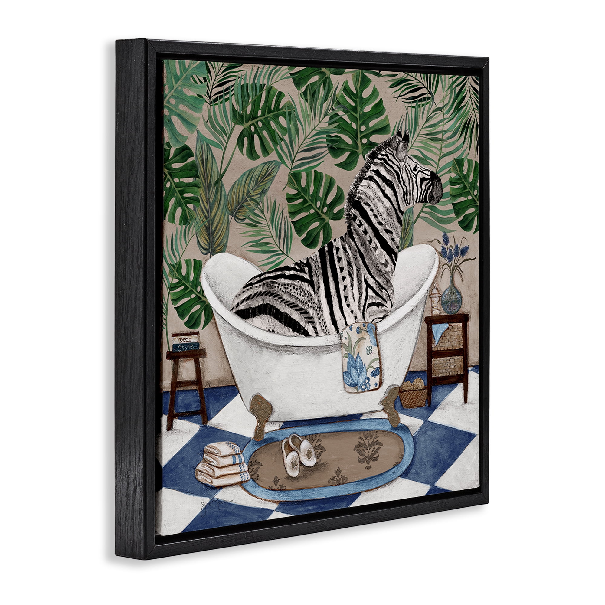 Stupell Industries Zebra in Tropical Bathtub Black Framed Floater Canvas Wall Art, design by Janet Tava