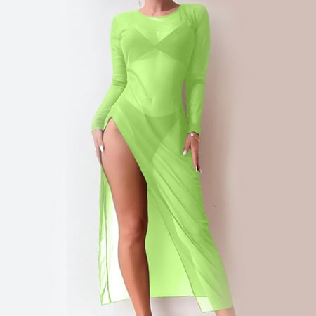 TMOYZQ Women s Swimsuit Cover Ups Sheer Mesh Long Sleeve See Through Beach Swimwear Bikini Cover Up Dress