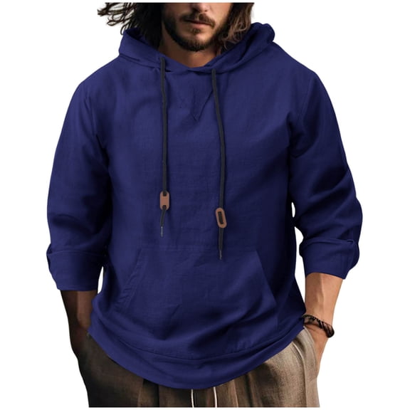 VSSSJ Linen Shirts for Men Lightweight Loose Fit Long Sleeve Hoodies Casual Drawstring Hooded Vacation Beach Shirt with Pocket Navy S