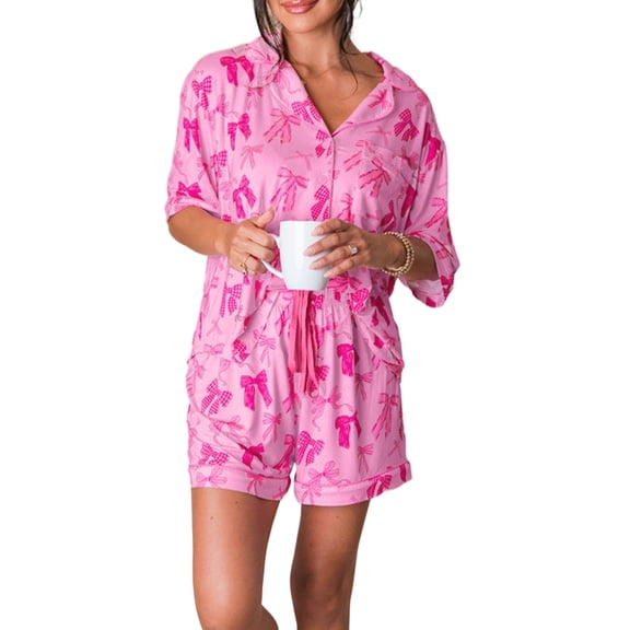 Women's Pink Bow Print Half Sleeve Shirt and Shorts Pajamas Set - [ZhiHiMeRi] | (US 12-14)L
