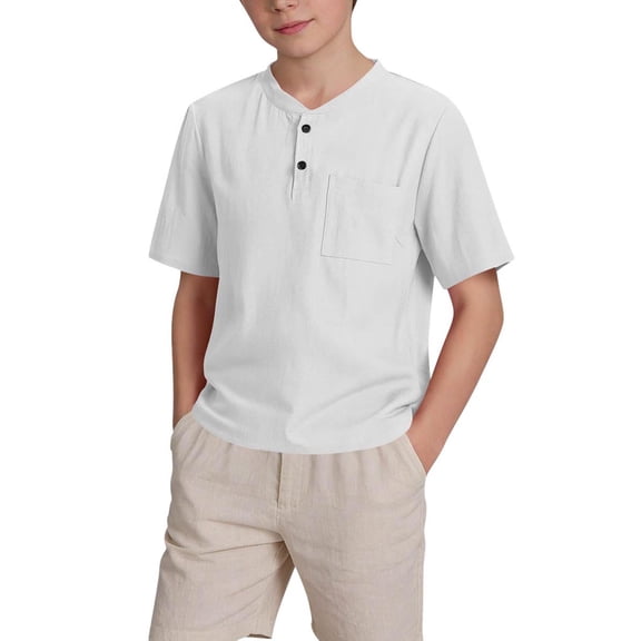 FAHXNVB Boys' Henley Neck Cotton Linen Short Sleeve T-shirt with Pocket Solid Color Button Breathable Lightweight Tees Casual Summer Fashion Shirts 5-15 Years