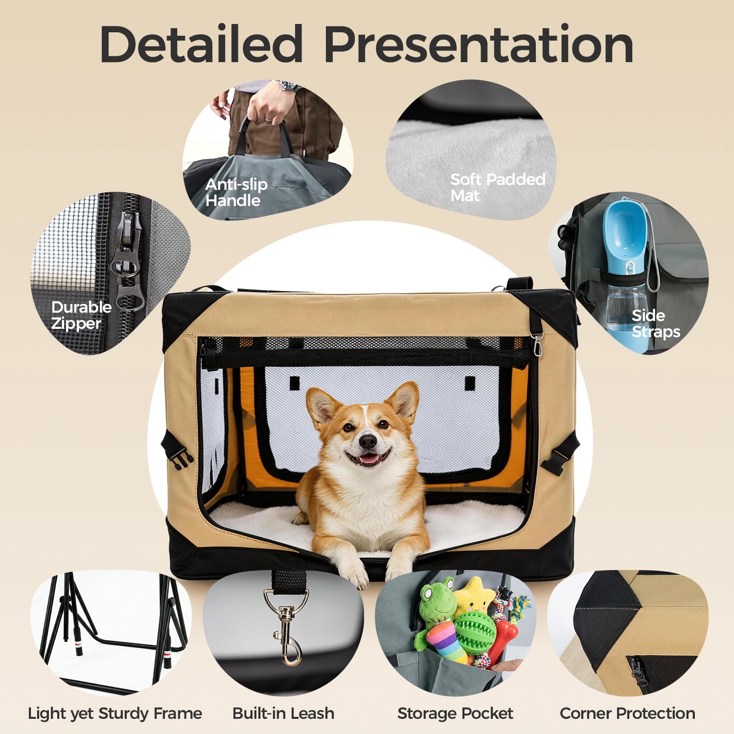 Petsee Collapsible Dog Crate - Portable Travel Kennel for Extra Large Dog, 4-Door Pet Crate with Mesh Windows, Indoor & Outdoor, Beige & Gray