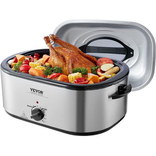 VEVOR Electric Roaster Oven, 24 QT Turkey Roaster Oven with Self-Basting Lid, 1450W Roaster Oven with Defrost & Warm Function, Adjustable Temp, Removable Pan & Rack, Fits Turkeys Up to 28LBS, Silver