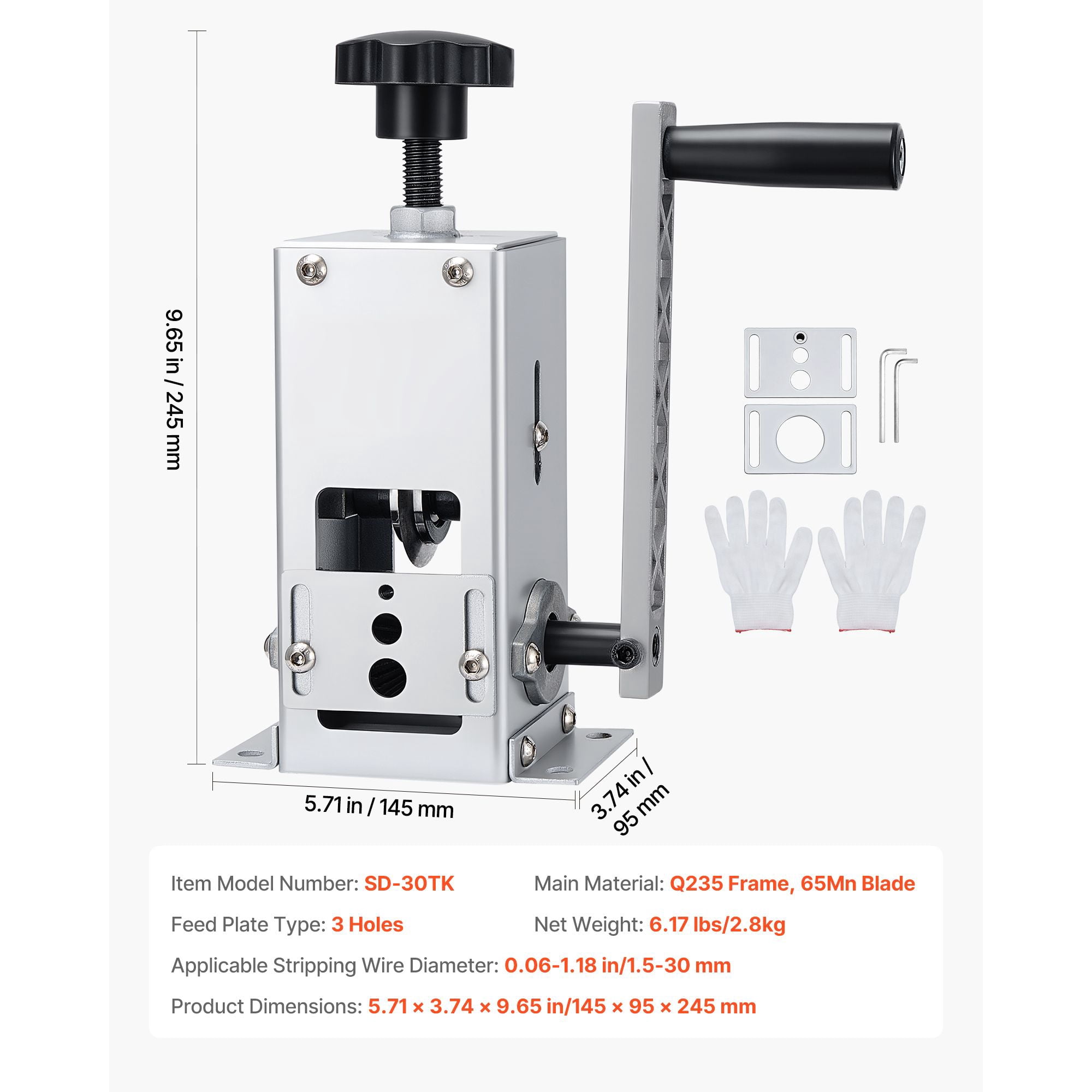 Manual Wire Stripper Machine 0.06-1.18", Hand Crank or Drill Powered, Deep V-Groove Rollers, Durable Blade, for Scrap Copper Recycling