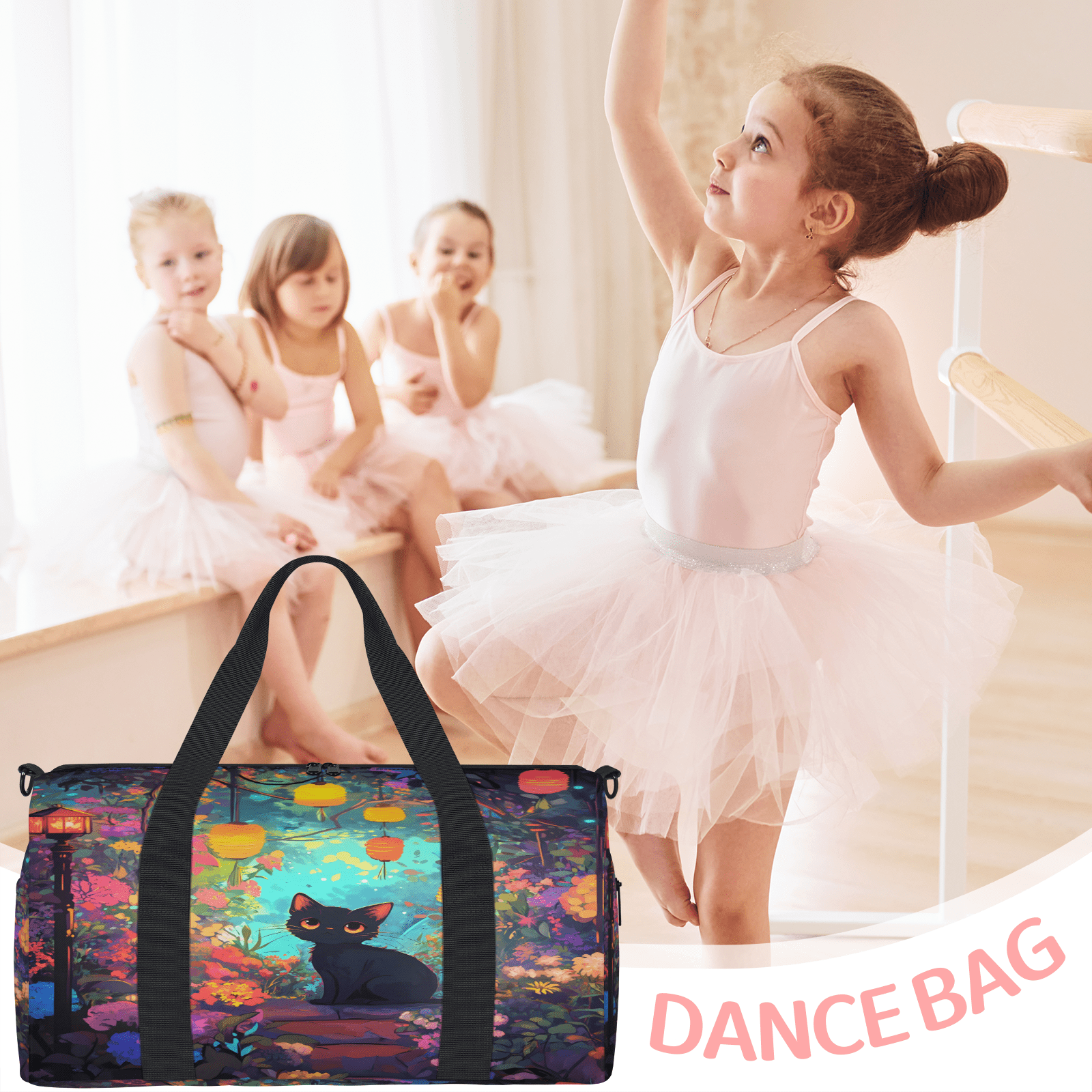 Herdesigns Cute Gym Bag for Women, Cat Duffle Bag for Travel Sport, Lightweight Waterproof Carry on Weekender Overnight Dance Yoga Workout Bags