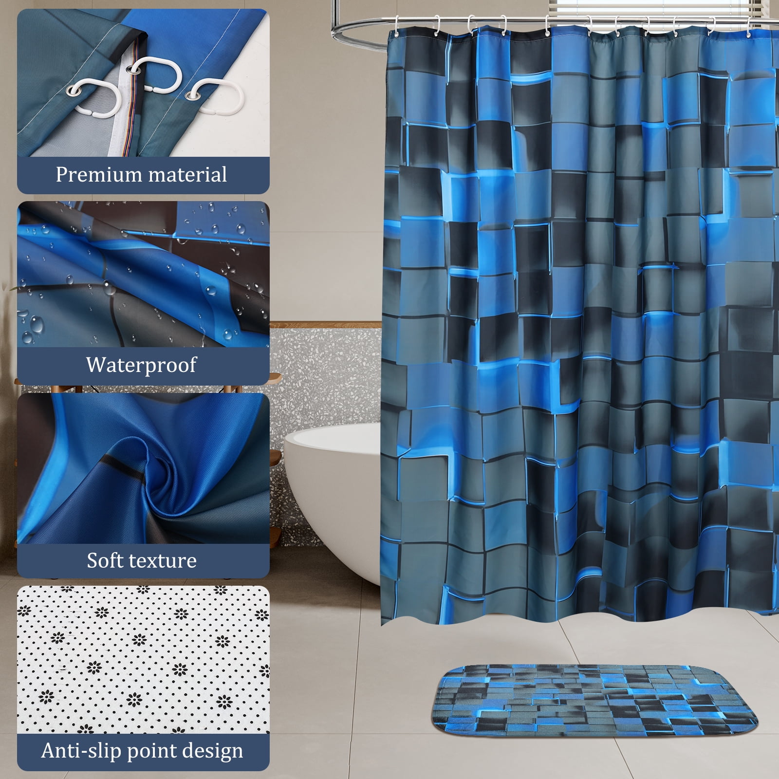 Dznils 3D Blue Cubes Shower Curtains and Bath Rug Set, Modern Fabric Bathroom Curtain Sets, 72" x 72"