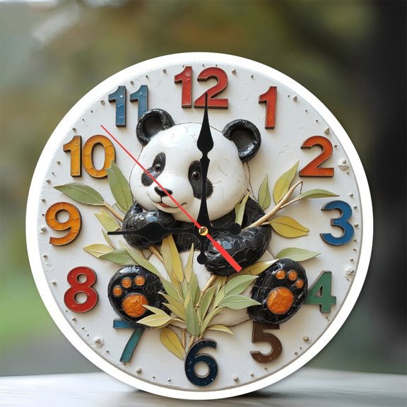 Cute Panda Wall Clock with Colorful Numbers Decor 10-Inch Silent Wooden Wall Clock, Battery Operated (AA Batteries Not Included), Artistic Home Decor