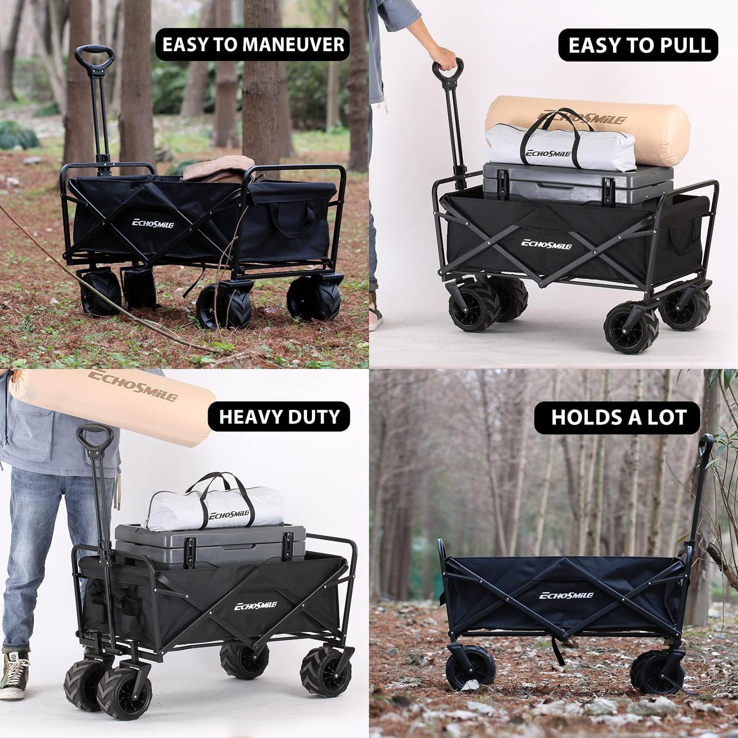 Heavy Duty 350 Lbs Capacity Collapsible Wagon, Outdoor Folding Camping Wagons, Grocery Portable Utility Cart, Adjustable Rolling Carts, All Terrain Sports Wagon with Big Wheels