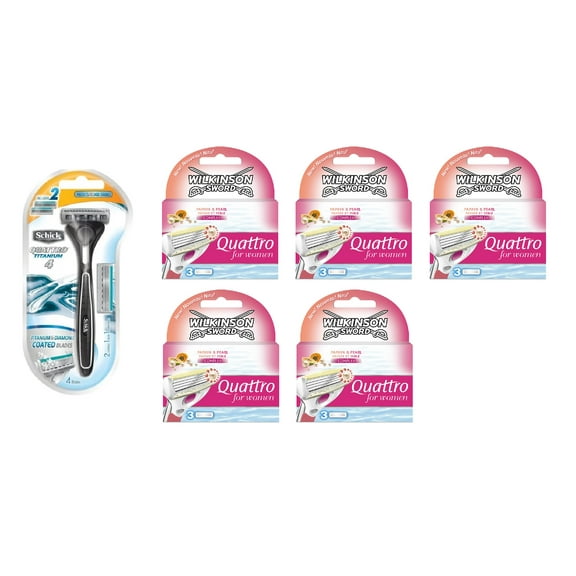 Schick Quattro Titanium 1 Razor with 2 Refill Blades and Wilkinson Quattro for Women Refill Blades, 15 count