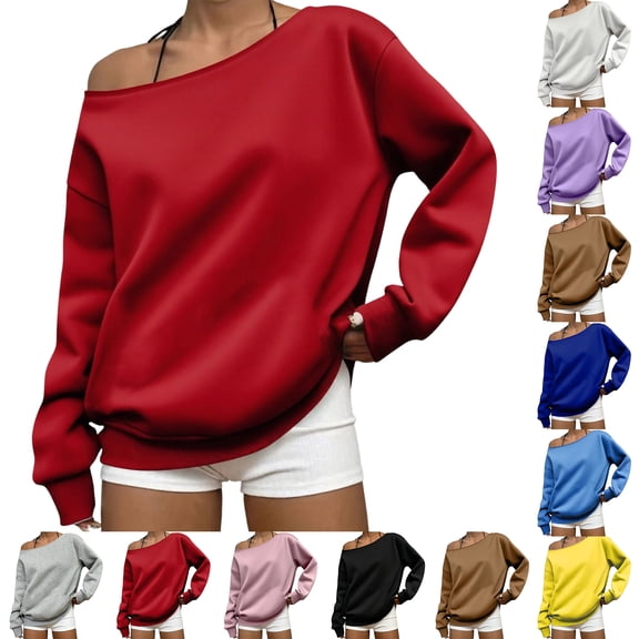 Smsaxvxz Womens Off Shoulder Sweatshirts Casual Solid Long Sleeve Pullover Tops Red 2XL