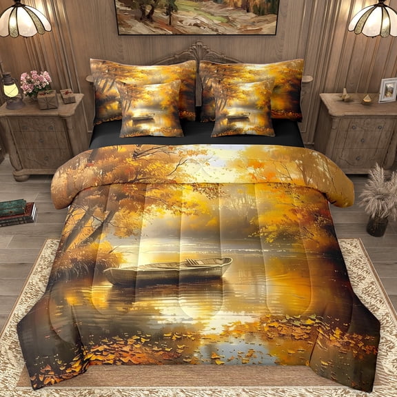 Homewish Lake House 7-Piece Twin Bedding Set - Yellow Tree Leaves Autumn