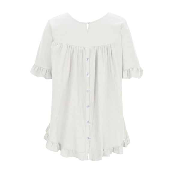 Zpanxa Ruffle Detail Button Top, Women's Ramie Short Sleeve Blouse, Pure Color Relaxed Fit for Spring