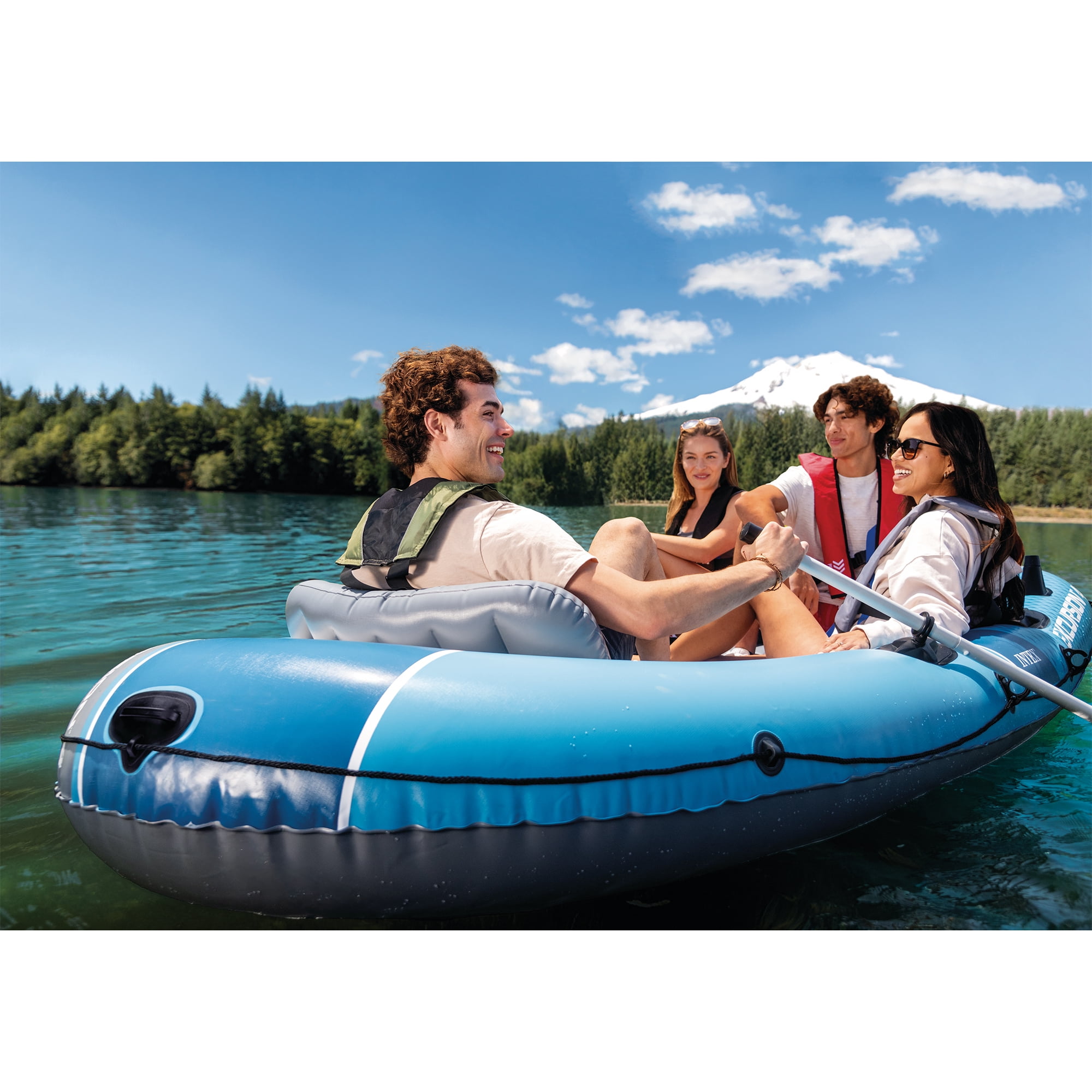 INTEX 66324EP Excursion 4 Inflatable Boat Set w/Oars, Pump, Adjustable Seats & Rod Holders