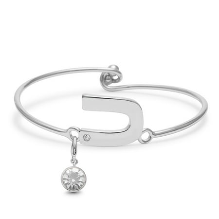 - Initial Bangle Bracelet With White Crystal and Pearl Crystal Birthstone, For June Babies