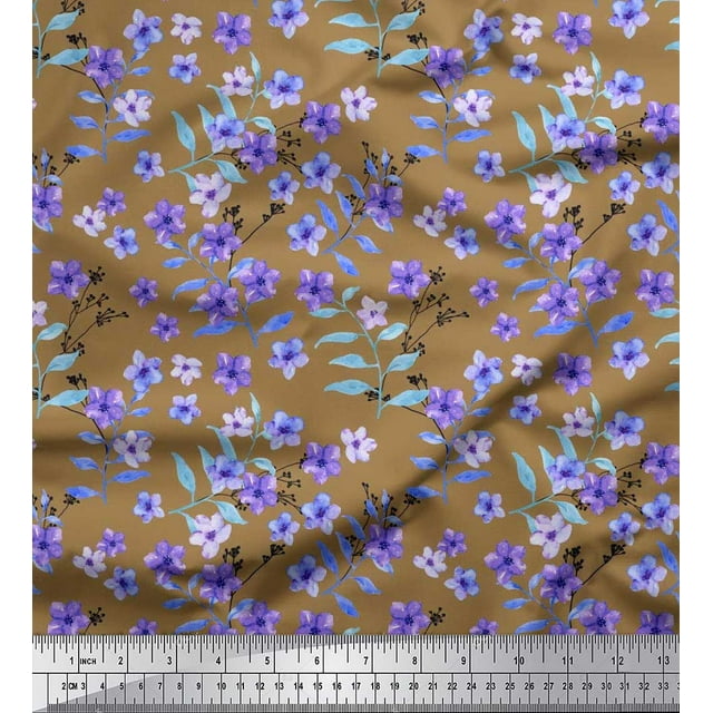 Soimoi Poly Georgette Fabric Leaves & Periwinkle Floral Print Fabric by The Yard 42 Inch Wide