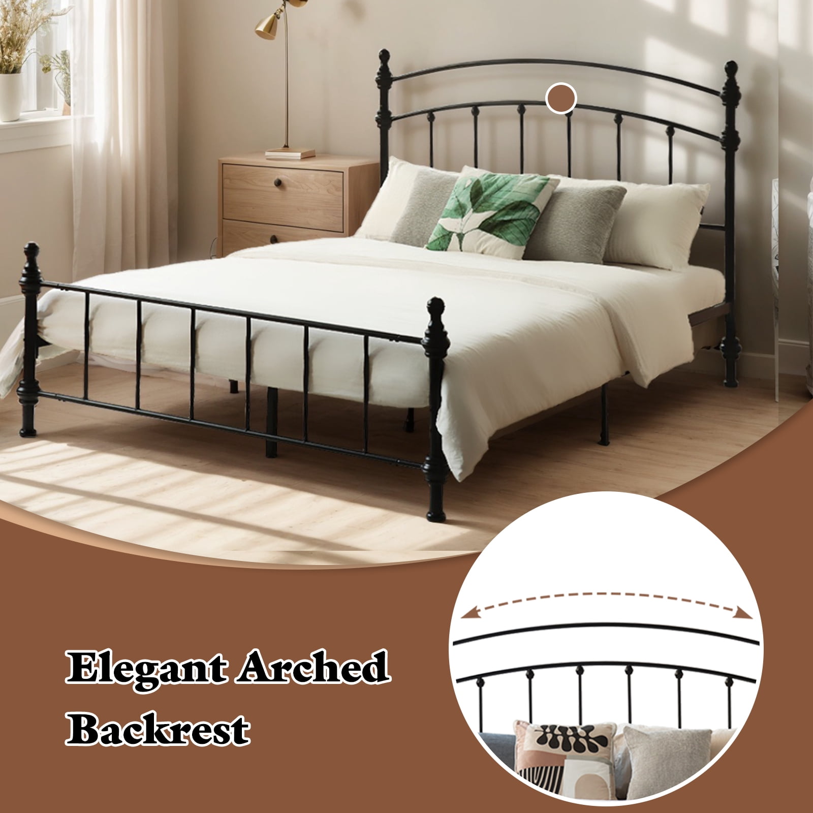 KATHY&BOB Queen Size Metal Bed Frame with Arched Headboard, Retro Luxury Roman Column, Sturdy Heavy Duty Bed Frame with Storage Space Under-bed, Easy Assembly, No Box Spring Needed (Arched, Queen)