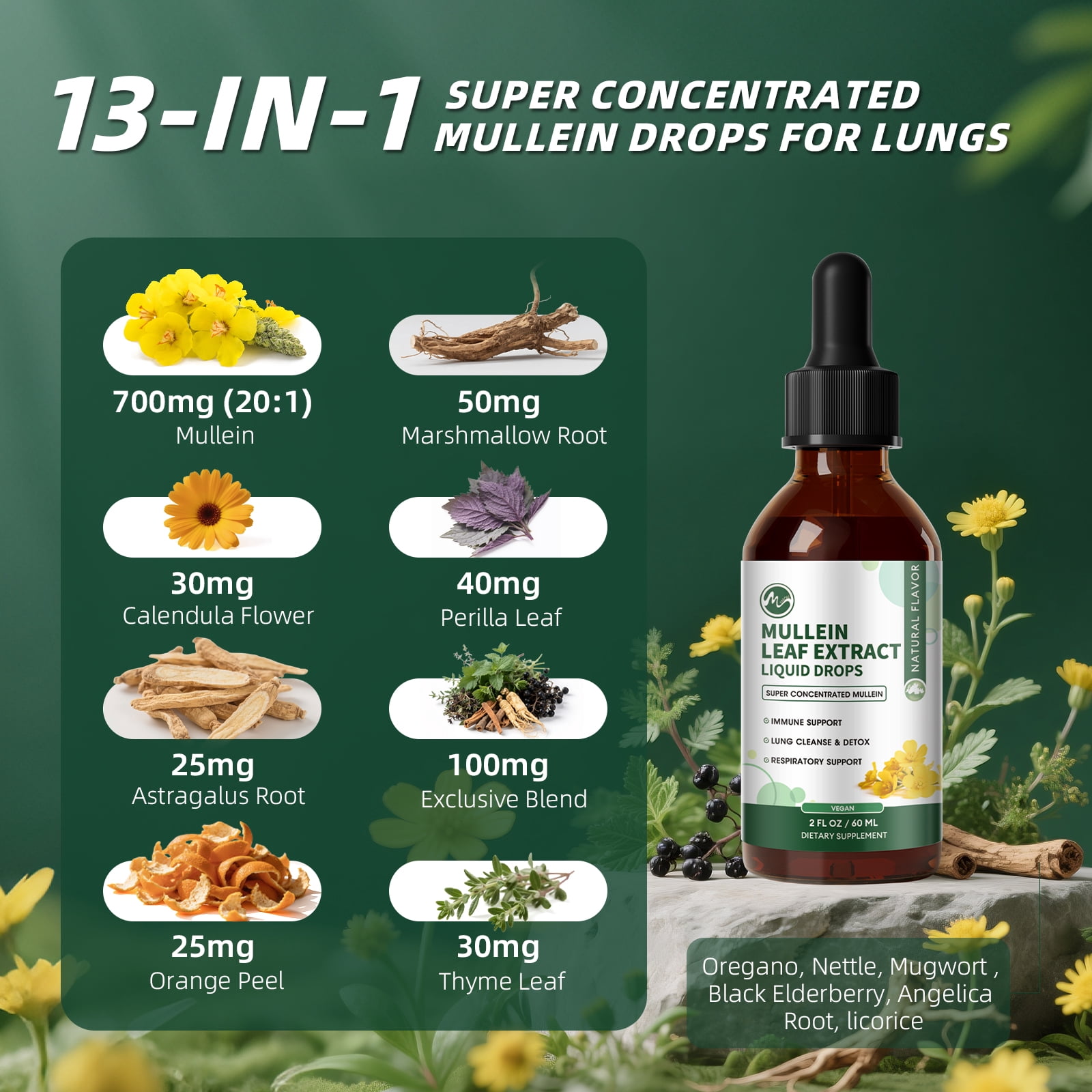 (2 Pack)Mullein Leaf Extract Drops, Mullein Leaf Extract Supplement for Immune Support,Detox & Respiratory Health Support, 2 Oz