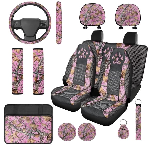 HUISEFOR Camo Hunting Car Seat Covers Full Set for Women Men 14 Packs with Car Steering Wheel Cover Armrest Cover Seat Belt Cover Headrest Covers Universal Size Fit for Most Cars