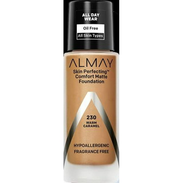 Almay Skin Perfecting Comfort Matte Foundation, hipoalergénico, libre de crueldad animal, sin fragancia, maquillaje líquido probado por dermatólogos, caramelo cálido, 1 onza líquida