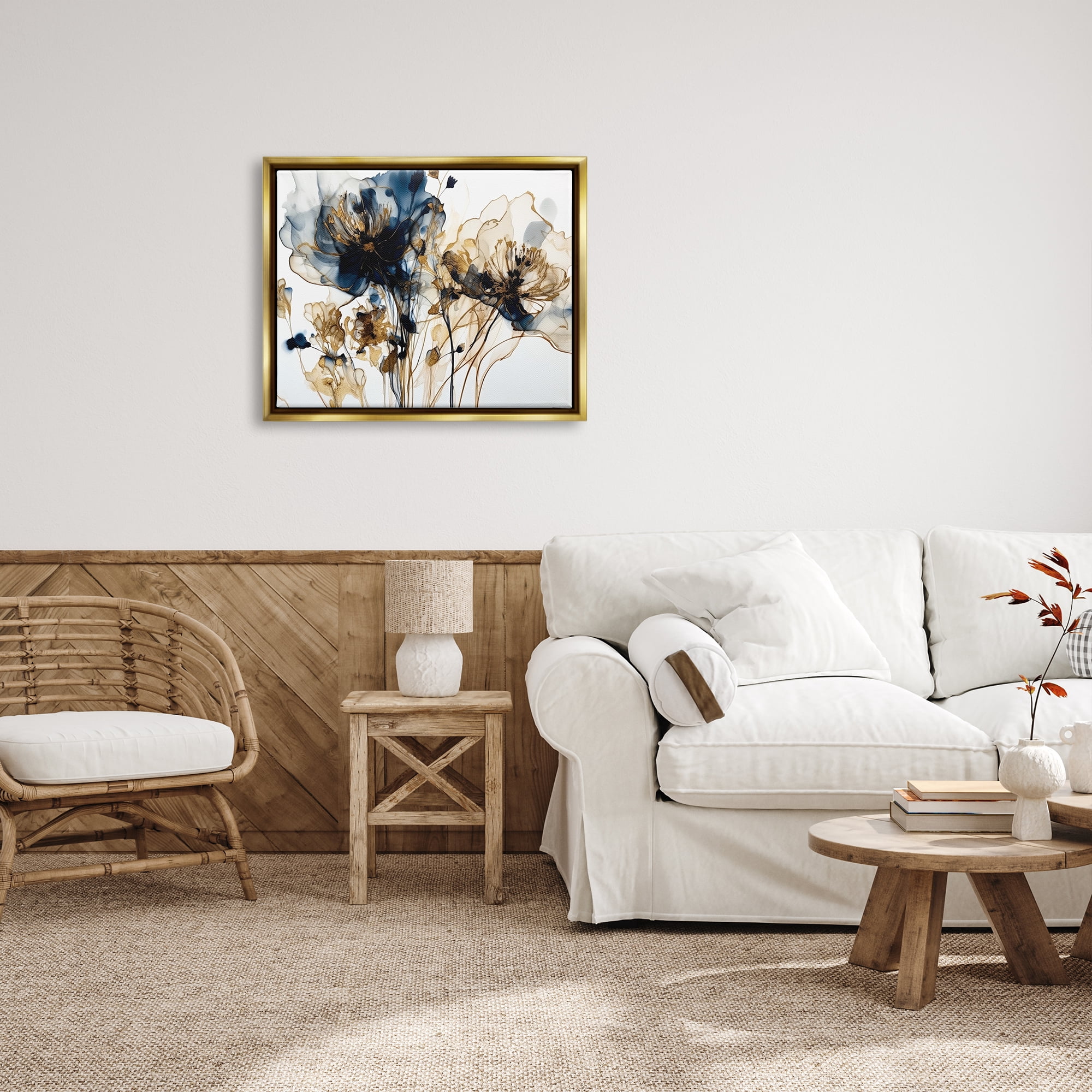 Stupell Industries Abstract Flowers on White Botanical & Floral Painting Gold Floater Framed Art Print Wall Art, 31 x 25