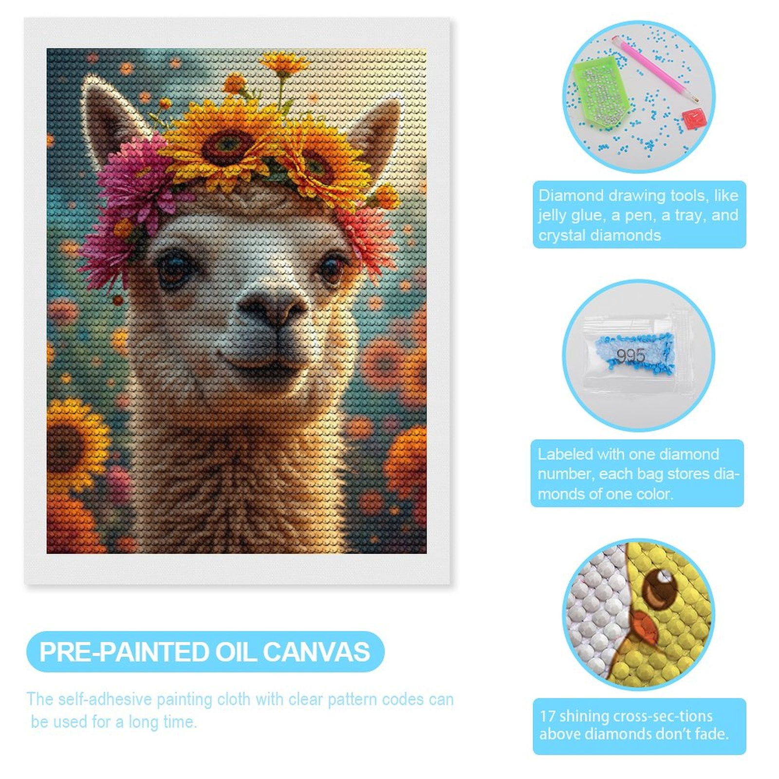 Diamond Art Kits for Adults, Llama With Flower Crown 5D Diamond Painting Kits for Adults Beginners, DIY Full Drill Diamond Painting, Gem Art and Crafts 12x16