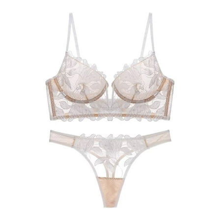 

Varsbaby Women s 2 Piece Sexy Appliques Mesh Bralette Bra and Thongs Lingerie Set