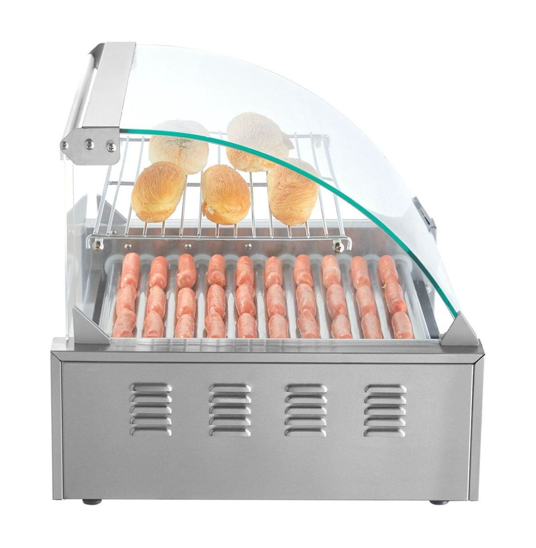 Hot Dog Roller Grill 11 Rollers 30 Capacity, 1650W Stainless Steel Sausage Cooker with Temp Control, Bun Warmer, Drip Tray, ETL Listed