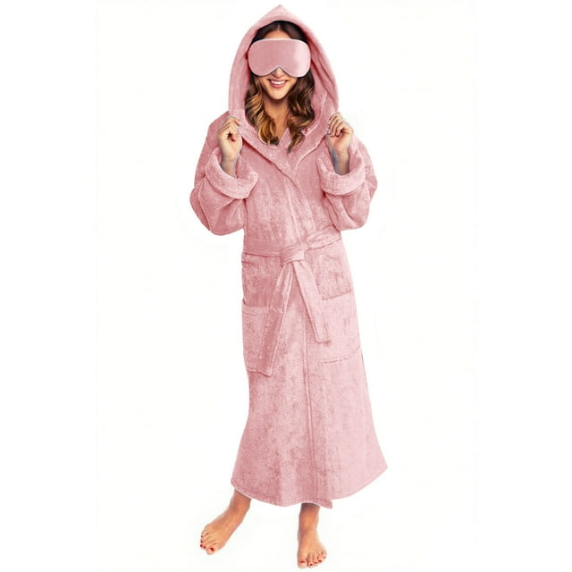 Women's Plush Fleece Hooded Bathrobe, Long Length Spa Robe with Pockets and Matching Sleep Mask, Soft Warm Loungewear, Cozy Adjustable Belt Robe Set Pink M