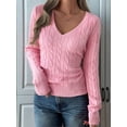 thumbnail image 5 of Women Long Sleeve Cable Knit Sweater Fashion V Neck Fitted Pullover Top Business Casual Fall Outfits Pink L, 5 of 7