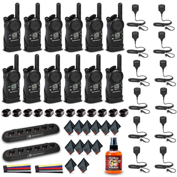 12x Motorola CLS1410 UHF 1W Radio Bidir. 4 Canales (CLS1410) + 2x Carg. Banco Motorola 6 + 12x Micr. c/ Altavoz Remoto HKLN4606 + Spray Desinf. p/ Micr. + 2x Correas Velcro - Pack 12 c/ Pack Micr.