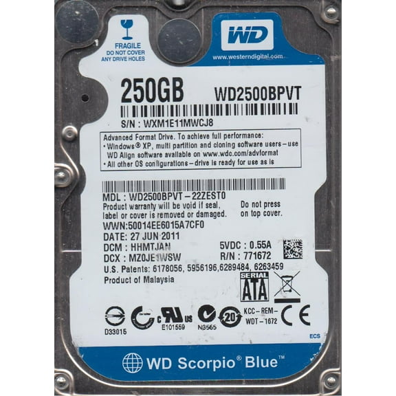 WD2500BPVT-22ZEST0, DCM HHMTJAN, Western Digital 250GB SATA 2.5 Hard Drive