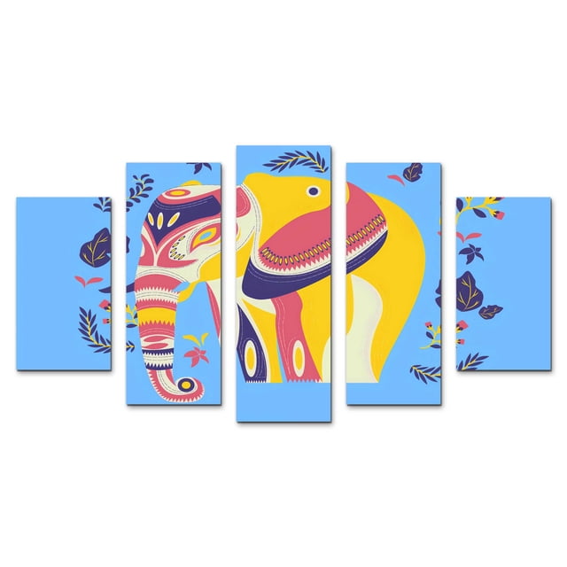 Cuadro decorativo para Sala, Comedor y Recamara, Elefante Geométrico, Hojas, minimalista, moderno, elegante, juego de 5 piezas
