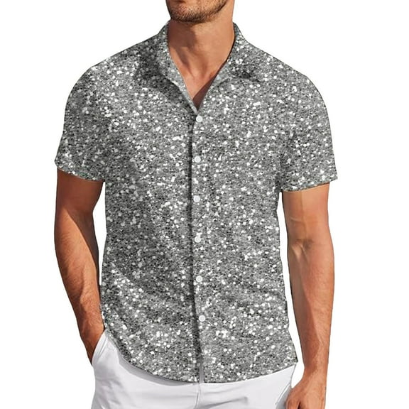 Telankuip Men's Mardi Gras Sequin Printed Shirts Short Sleeve Lapel Button down Sparkly 70s Disco Outfits Casual Thin Comfy Shiny Wedding Carnival Party Clubwear Tops Silver XL